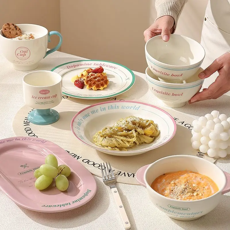 Tableware Bowl Plate Set Home Use,Including Bowls,Rice,Double Ear, Dividing Plates, Dessert Cups,High Aesthetic Value