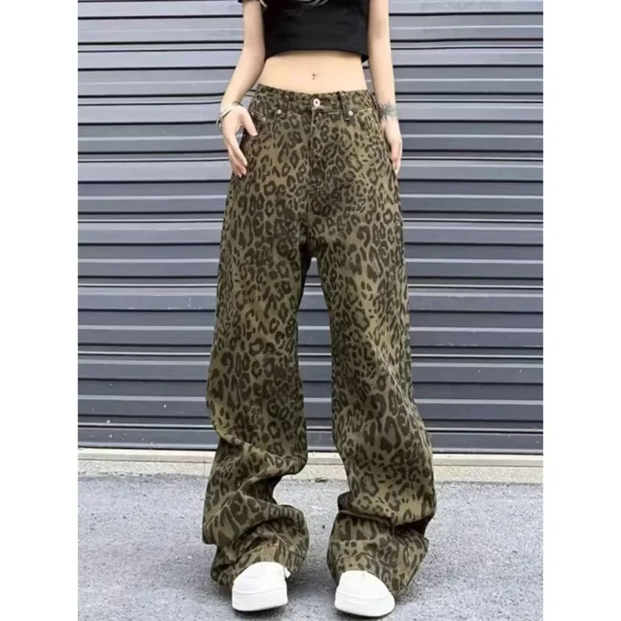 Luipaardprint Wijde Pijpen Jeans Vrouwen Denim Broek Vintage Herfst Lente Mode Vrouwelijke Hoge Taille Casual Rechte Jeans Broek
