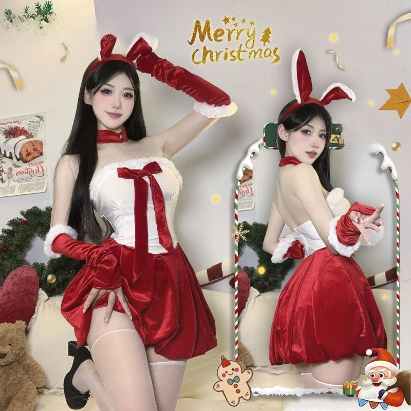 

Cosplay2025 Christmas Outfit For Women Sexy New Year Holiday Dresse White Red Splicing Velvet Strapless Dress Spicy Girl Fluffy
