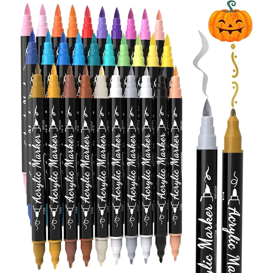 ปากกาสีอะคริลิค 30 สี กันน้ำ หัวคู่ พร้อมพู่กัน หัวแหลม สำหรับเด็ก ระบายสีหิน