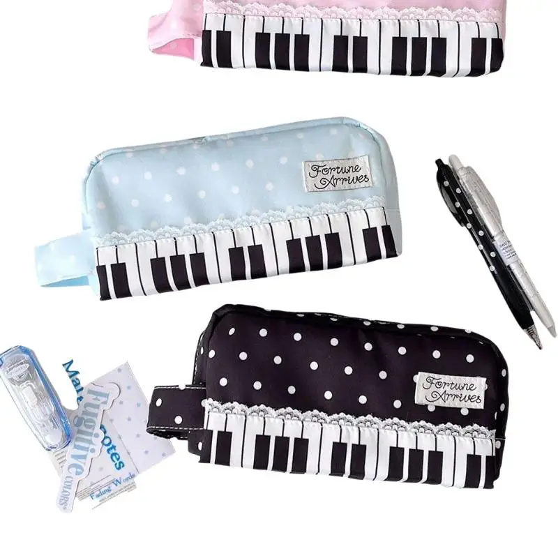 Pencil Pouch Cute Polka Dot Piano Key Print with Handle Large Capacity Portable Stationery Organizer for Students Office Workers