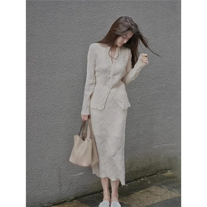 

Women Skirts Blouse Set 2026 Autumn Women Two Piece Outfit Sweet White Lace Top And Skirt Set Elegant Chic Matching Suit