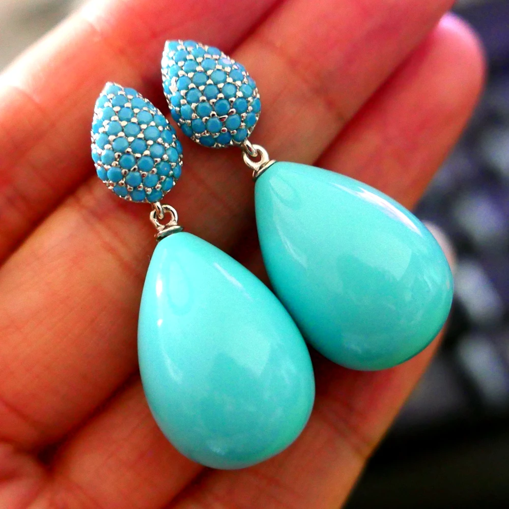 Large Long Pear Water Drop Blue Turquoise Earrings 925 Silver Needle Natural Gemstone Party Jewelry For Women 2022 New Wholesale