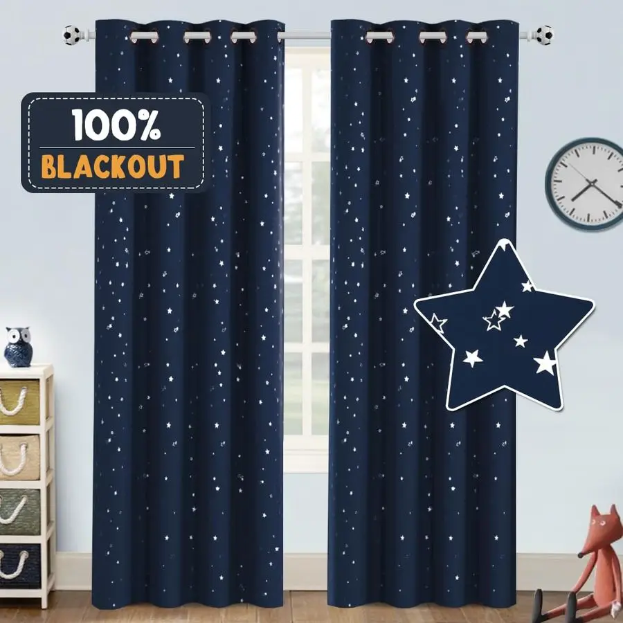 

Blackout Kids Curtains for Bedroom Thermal Insulated Silver Twinkle Star Curtains for Boys Antique Grommet Top Window Treatment
