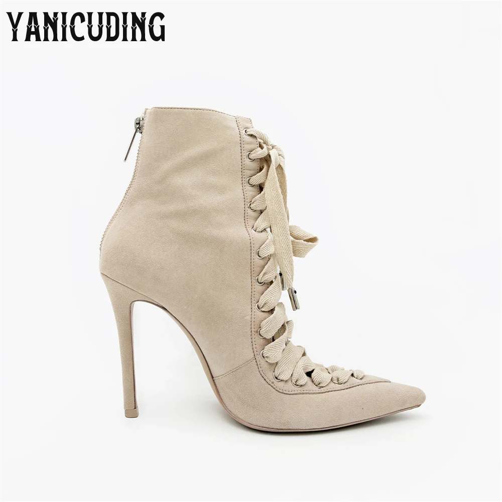 Lace up Suede Ankle Boots Sexy Style Pointed Toe Stiletto Boots Multiple Straps Gray Suede Boots for Women Customizable Colors
