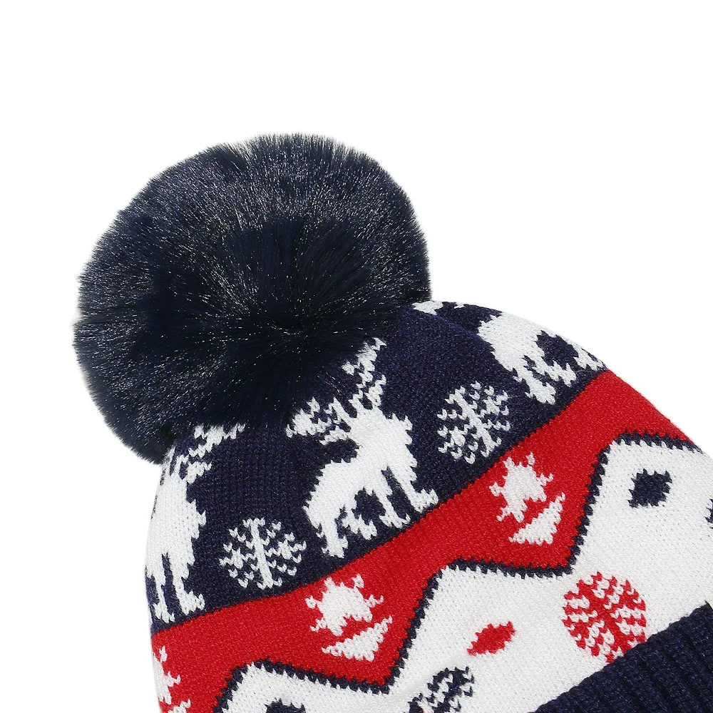 Child Christmas Knitted Hat Red Reindeer Snowflake Pattern Beanie with Fluffy Pom Pom Soft Warm Knit Christmas Beanie Hats
