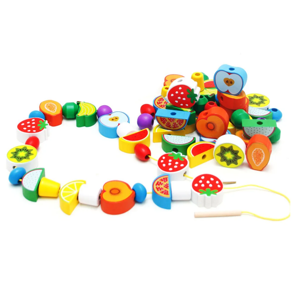 70 Stück Holzfrüchte zum Auffädeln von Perlen, Schnürspiel für Kleinkinder, Kinder, bunte Formensortierung, Stapeln, frühes Lernen, motorische Fähigkeiten