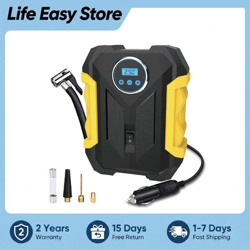 Compressore d'aria portatile per auto con display a schermo, pompa per gonfiaggio pneumatici, lampada a LED, pompa per compressione pneumatici, compressore per auto, moto, biciclette, uso esterno,