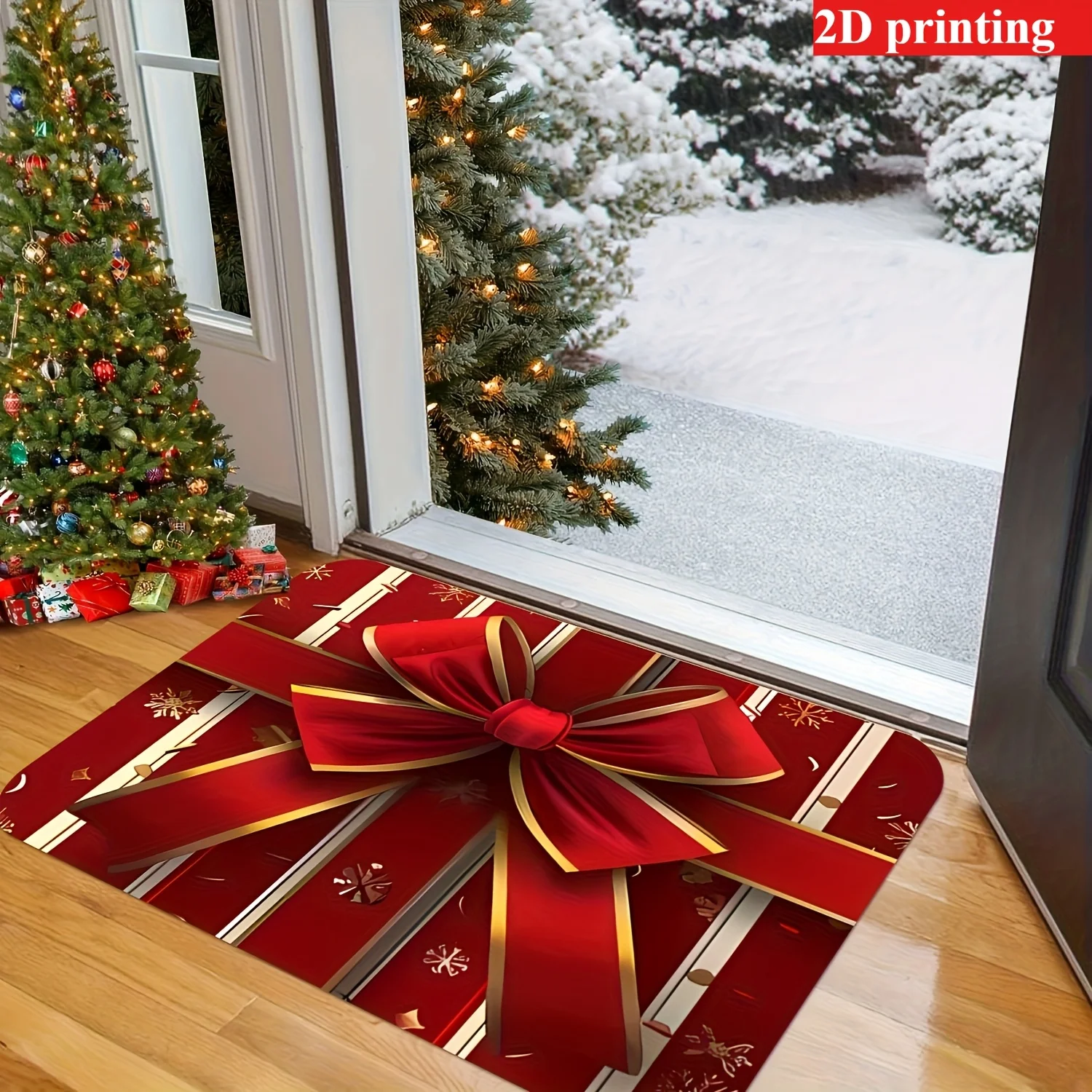 Christmas Doormat Non‑Slip Washable Front Entrance Rug Indoor Outdoor Xmas Gift Bow Snowflake Decor Mat for Porch Entryway