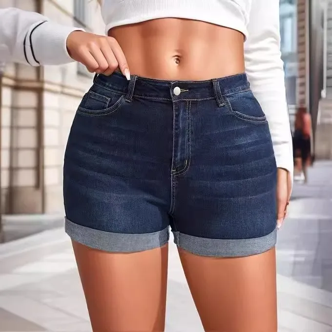 Women's Summer Shorts Casual Cotton Denim Shorts Distressed Mid Waist Five Pocket Jean Shorts Slim Fit Button Front Short Pants