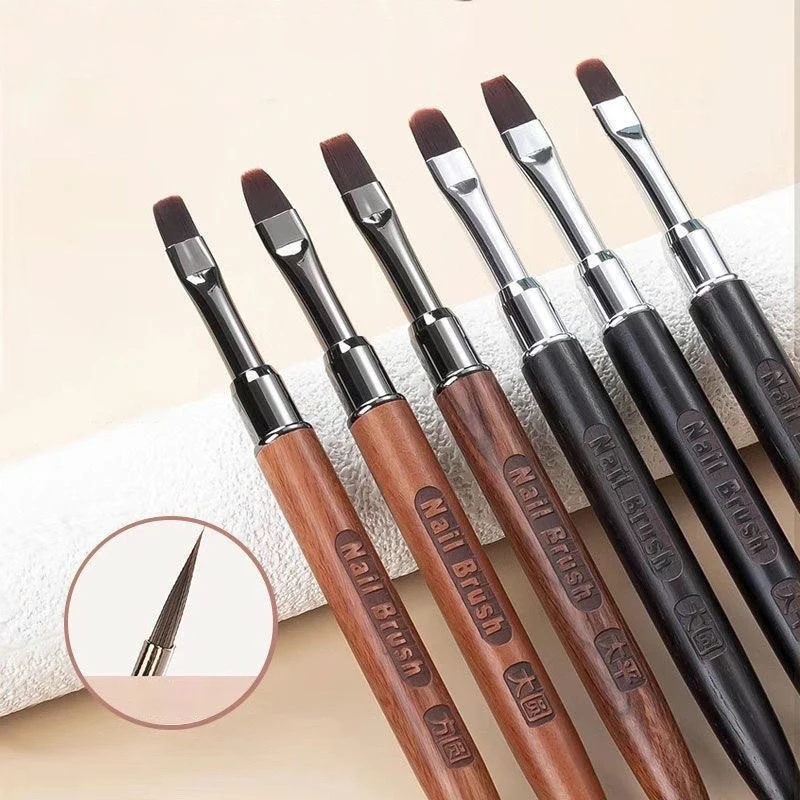 Professional Ebony Wood UV Gel Nail Brush Set Round Flat Square Head No Shedding Manicure Tool for Gel Extension & Blending