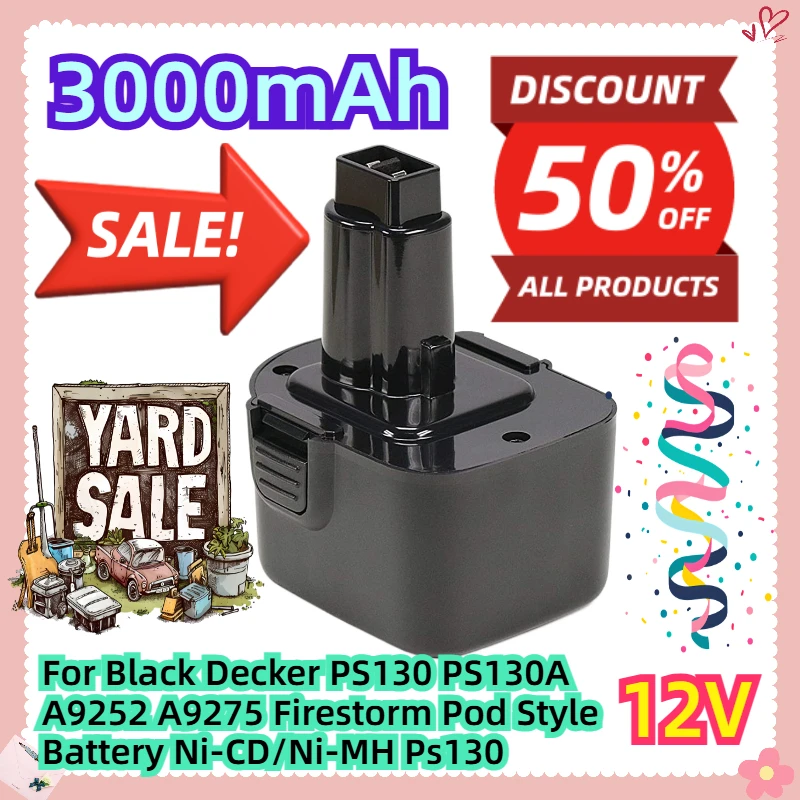 For Black Decker PS130 PS130A A9252 A9275 Firestorm 12-Volt Pod Style Battery Ni-CD/Ni-MH 3000mAh 12V Ps130