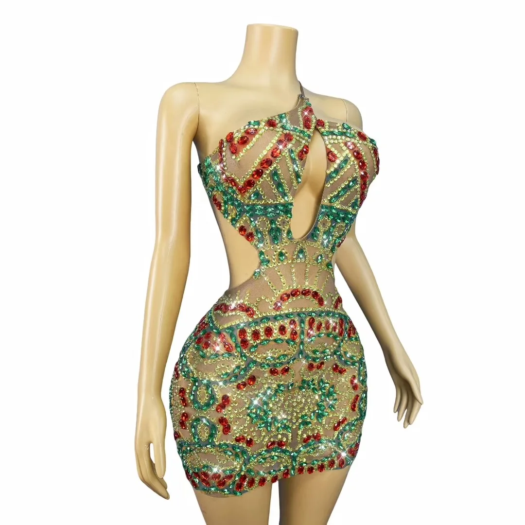 سباركلي الراين مثير قطع شبكة انظر من خلال فستان قصير المرأة الفاخرة عيد ميلاد فساتين الحفلات المسائية ملهى ليلي المرحلة الزي