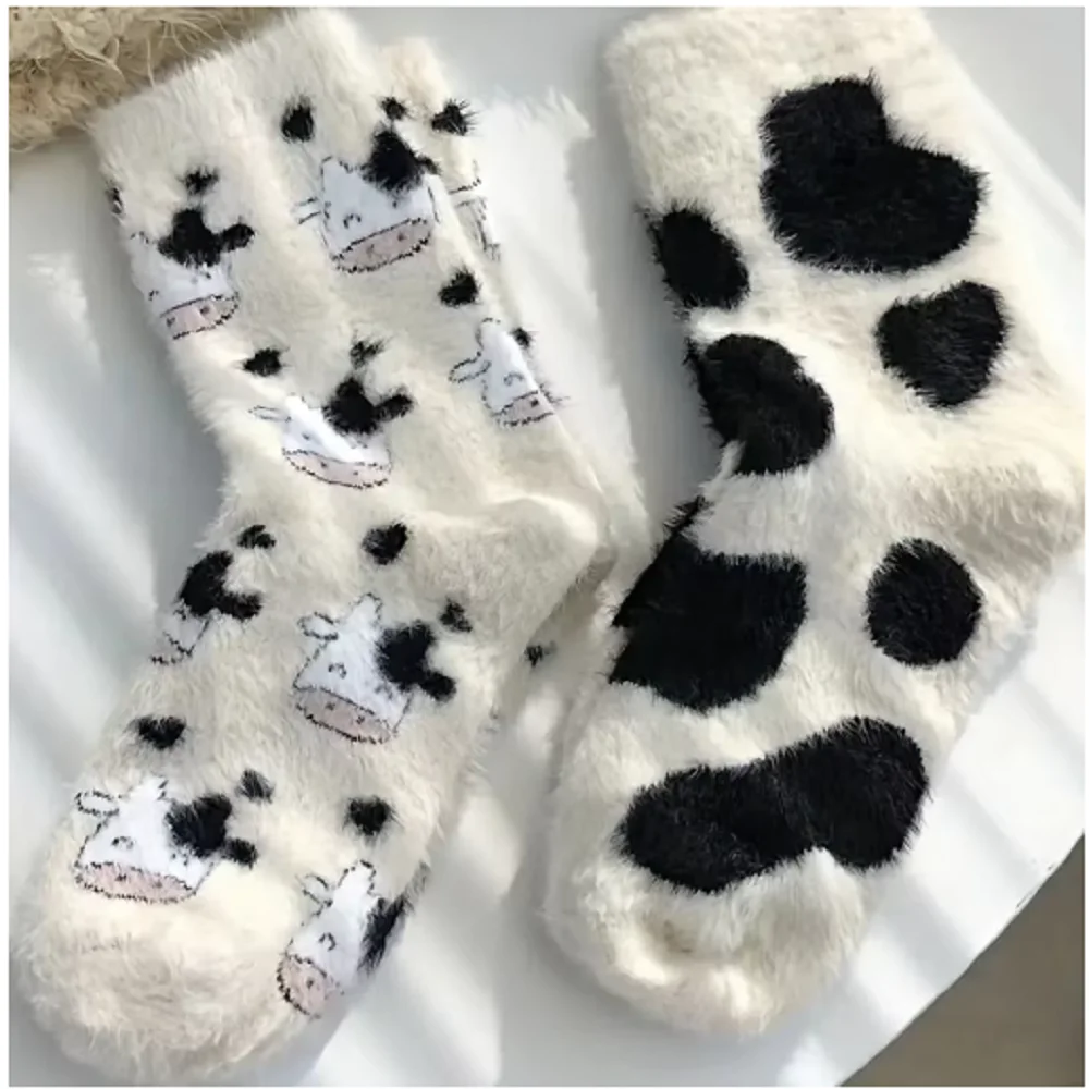 2/3/10 Pairs Women\'s Plush Mid Length Socks Dairy Cattle Thickening Mink Wool Sweet Soft Warm Stay At Home Women\'s Floor Socks