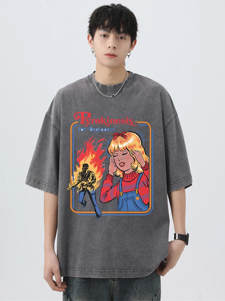 Pyrokinesis For Beginners Funny Washed Retro Men T-Shirts Cotton Oversized Short Sleeve Loose T-Shirt Breathable Casual Tops