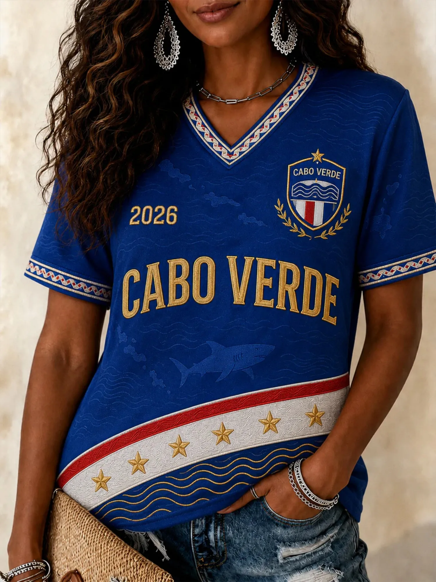 Cabo Verde Womens V Neck Football Tee 2026 Stripe Panel Short Sleeve Casual Summer Top With Crest Detail Relaxed Fit For Getaway