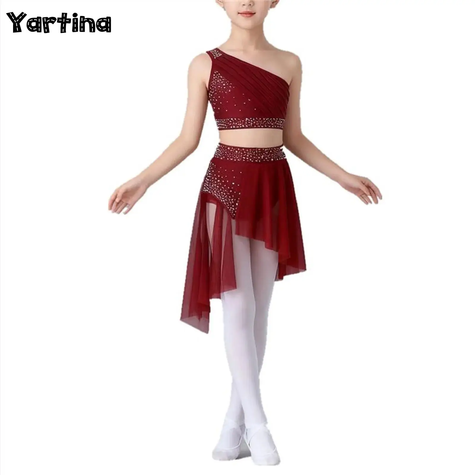 

Kids Girls Gymnastics Leotard Figure Skating Ballet Lyrical Dance Dress Modern Contemporary Costume Crop Top with Skirted Briefs