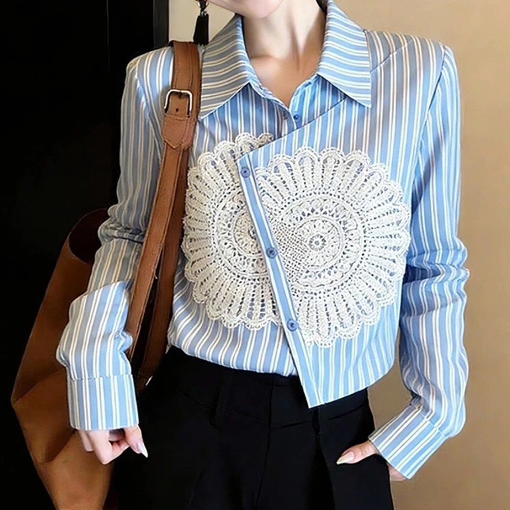 

Design Irregular Lapel Long Sleeve Shirt Women's 2026 New Spring Fashion Versatile Temperament Blue Shirt