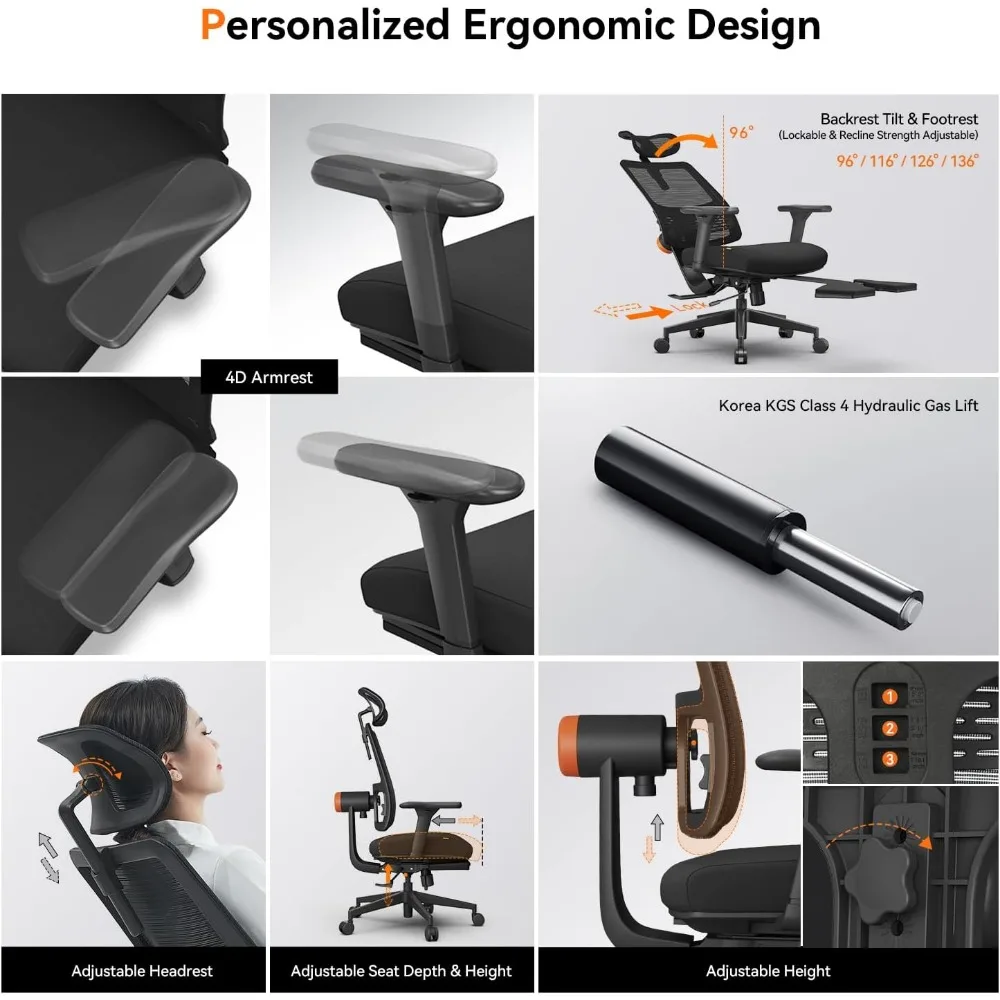 Chaise ergonomique avec repose-pieds, chaise de bureau avec support lombaire à suivi automatique, accoudoir 4D, profondeur du siège, recommandé et réglable