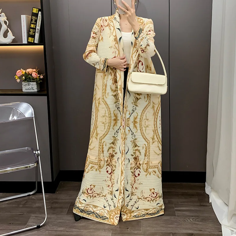

Miyake Pleated Abaya Coat Women | Luxury Loose Print Kaftan | Autumn ME Fashion | Wrinkle-Texture Trench【YS 325251 】