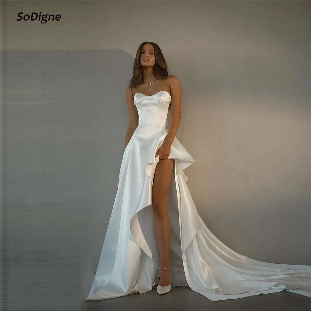 

SoDigne Simple A-line Satin Wedding Dress Sleeveless Sweetheart Long Bride Dresses Elegant Bridal Gown Robe De Mairee Customized