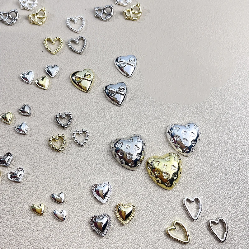 20PCS 3D Glossy Gold Silver Metallic Love Heart Various Crook Frame Solid Alloy Nail Art Rhinestones Decorations Manicure Charms