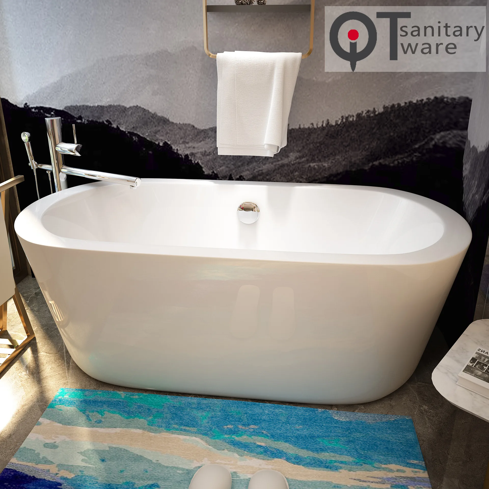 Thick edge oval acrylic freestanding bathtub Internet celebrity bed and breakfast furniture style, Foshan Source QT-008