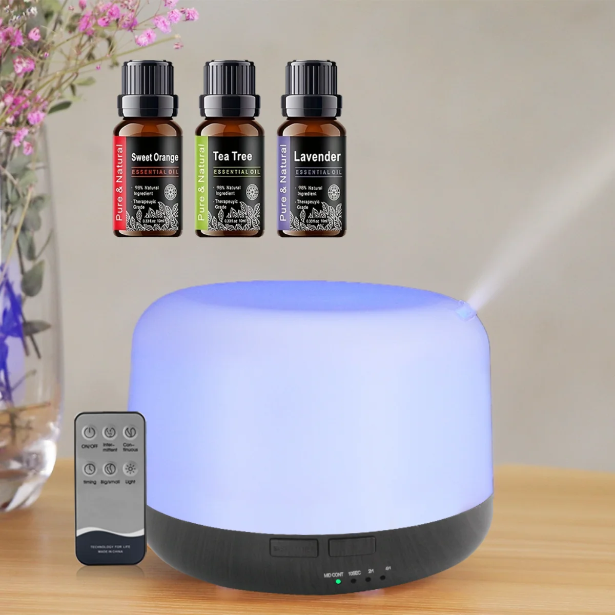 Ultra-Quiet 500ml Essential Oil Diffuser with Remote & 7 Colors LED Light, Large Room Humidifier, Includes 3 Essential Oils