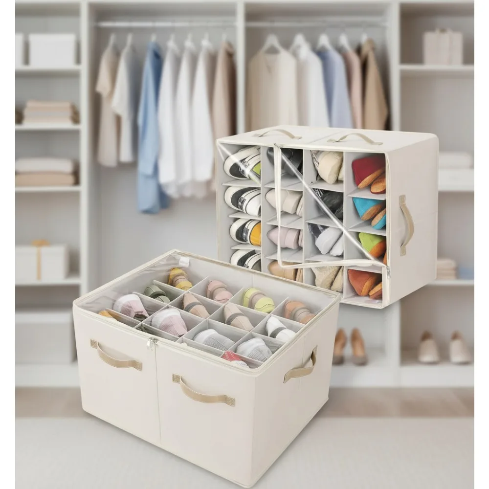 

Foldable Shoe Storage Box 2-Pack with Adjustable Dividers, Clear Cover & Handles, Fits 32 Pairs Beige