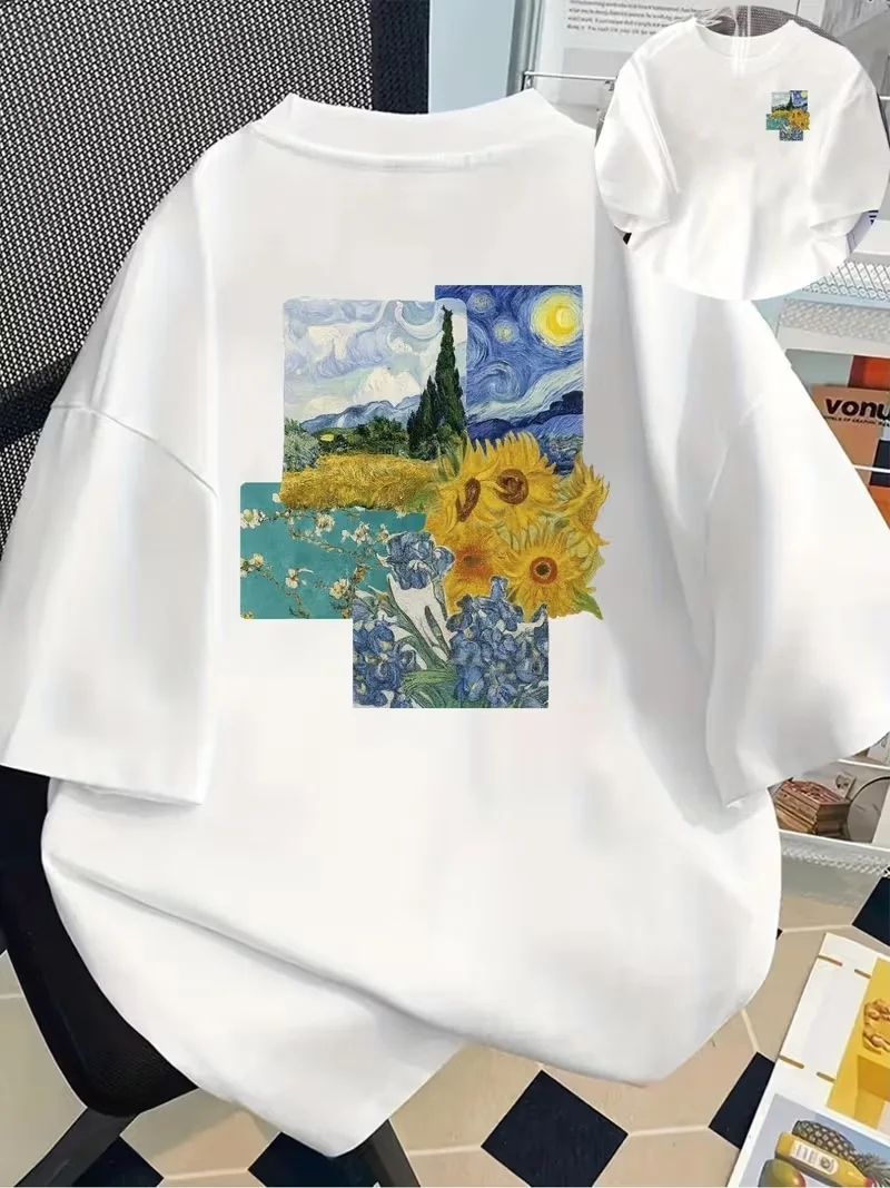Monet & Van Gogh Art Masterpiece Graphic T-Shirt - Fine Art Aesthetic Casual Top,Crew Neck Short Sleeve for Art Lover Daily Wear