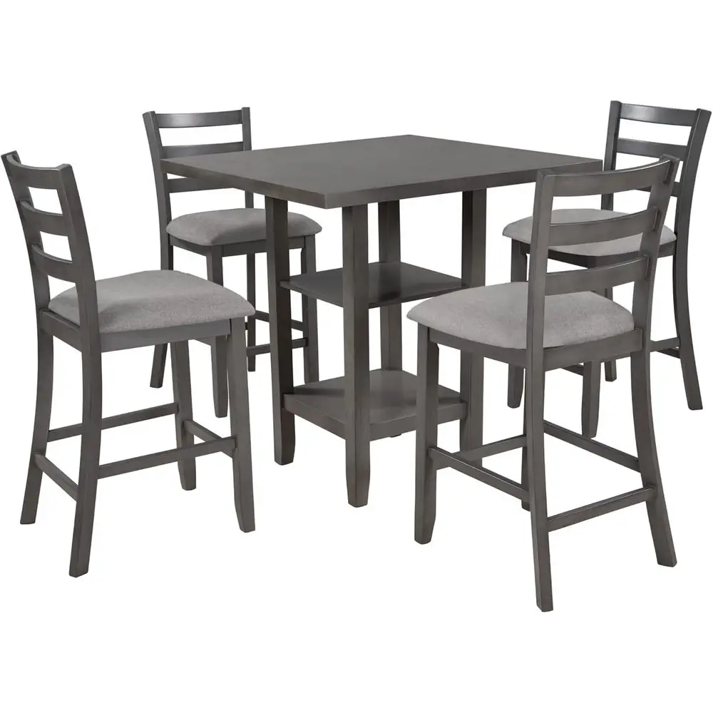 

Gray 5-Piece Padded Chair Kitchen Table Set or Gray 4-Piece Solid Wood Dining Table with Storage