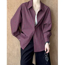 2024 Autumn Burgundy Plaid Oversized Shirts Top Casual Style Striped Grid Relaxation Loose Shirt