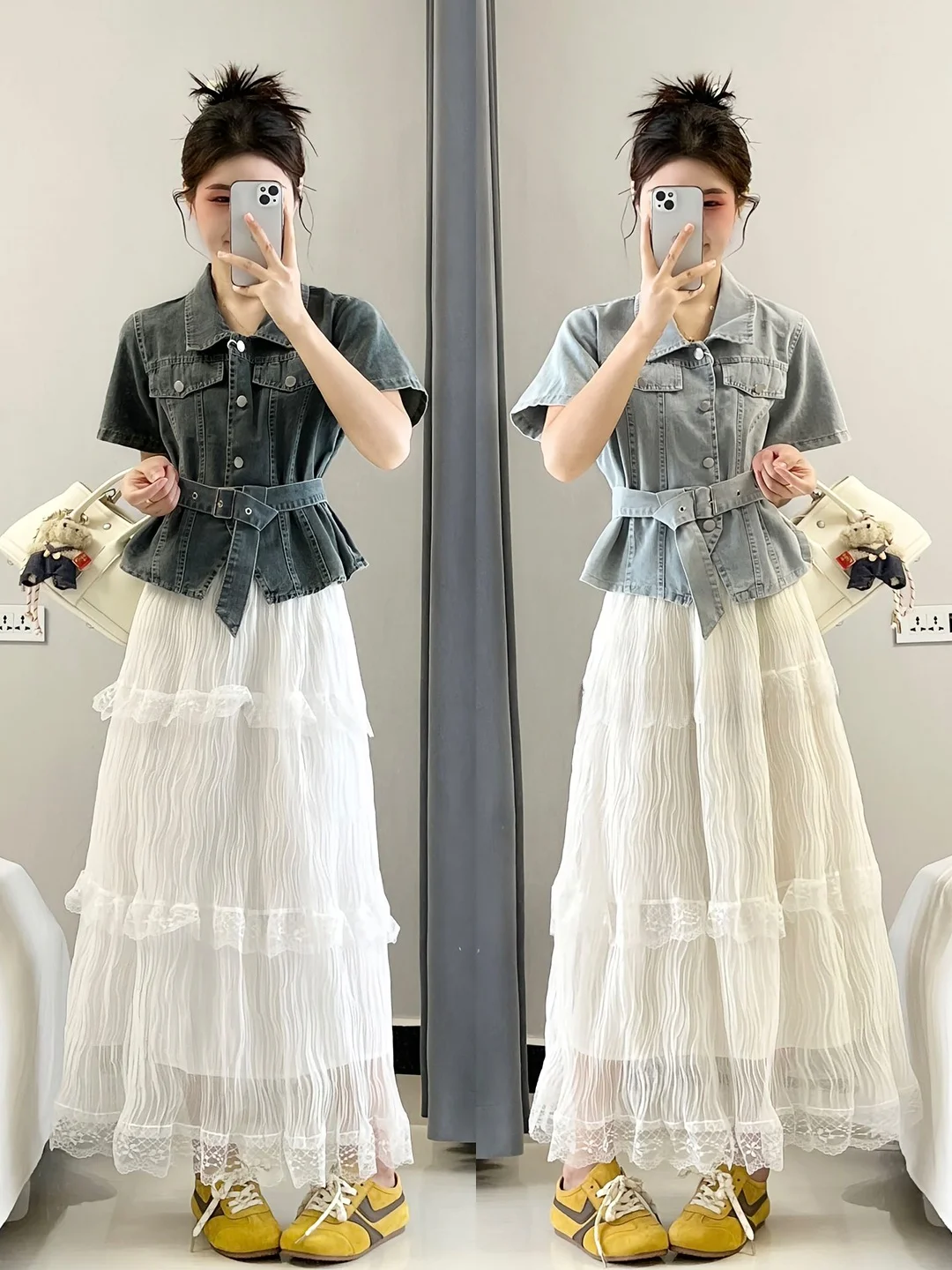 

plus Size Summer Faion Set Korean Sle Waist-Cinching ort Sve Denim Jaet And Skirt Retro Vintage Women's Outfit