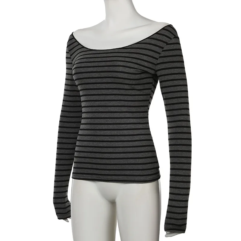Damen Harajuku Basic Slim Fit Langarm-Streifent-Shirt mit Schulterfreiem O-Ausschnitt im Koreanischen Street-Style Graues T-Shirt für Frühling und Herbst Y2 – Detail 10