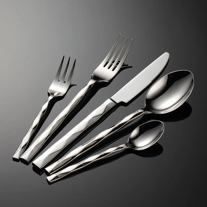 Diamond Pattern Stainless Steel Dinner Set Square Handle Cutlery Simple Fork Knife Spoon Teafork Dinning Tables Sets 2024