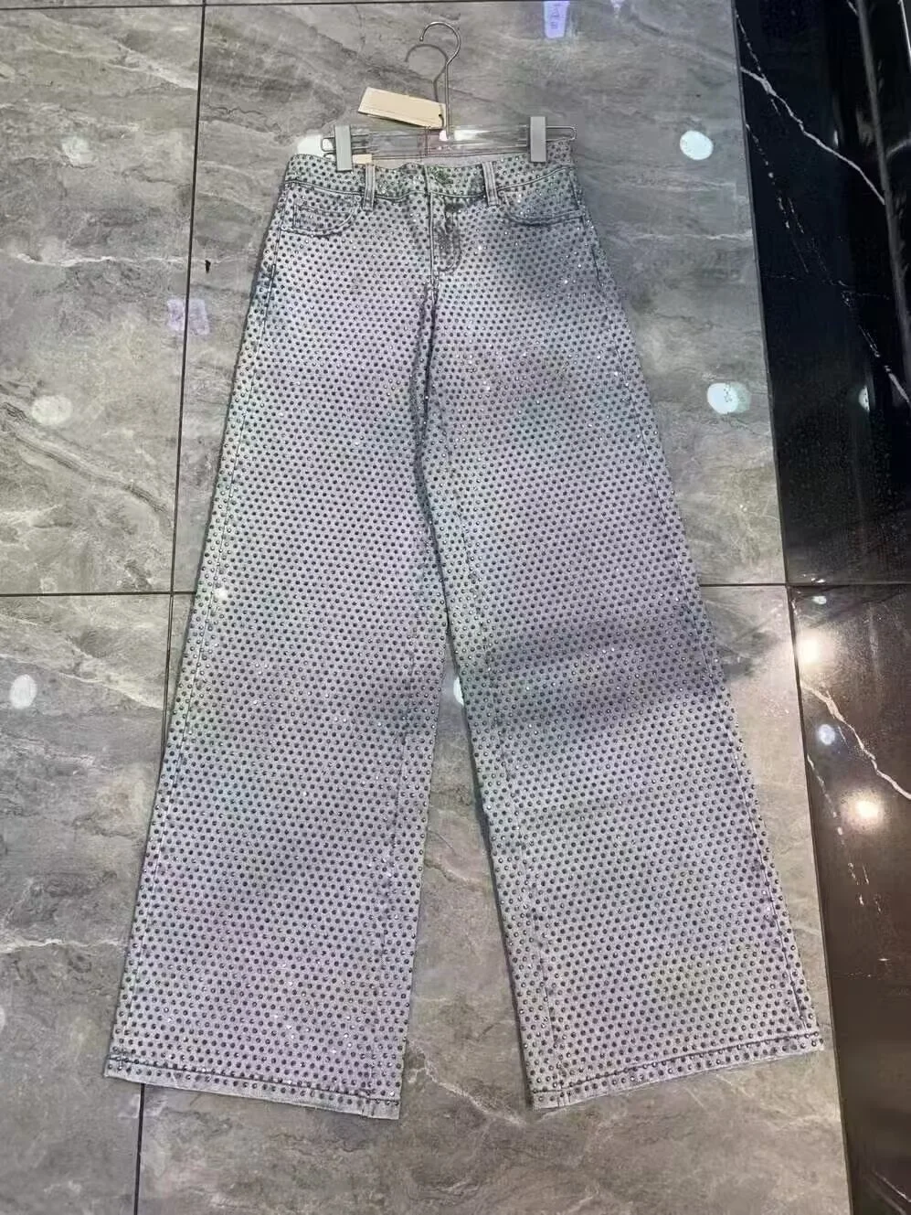 Women Rhinestone Decoration Jeans High Waist Straight Casual Wide Leg Denim Pants