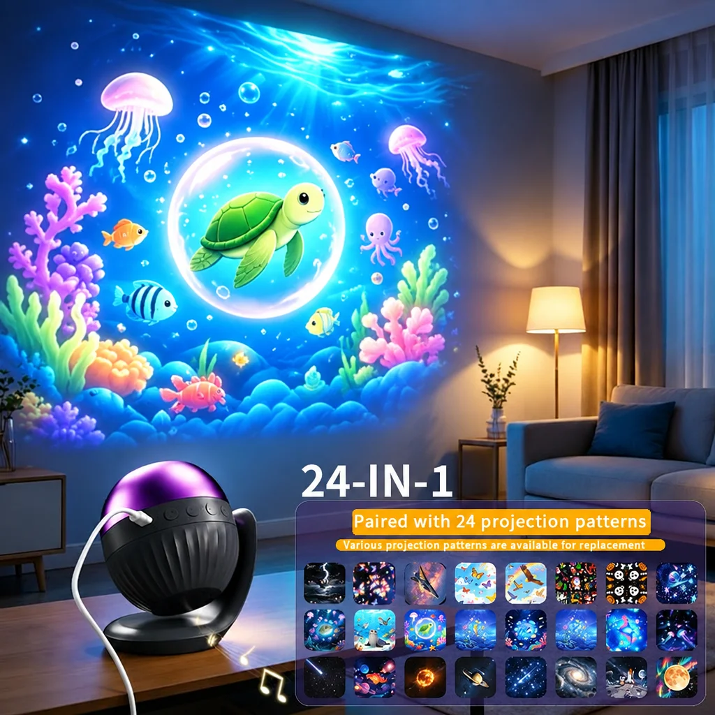 Starry Ocean Galaxy Projector Night Light 24 Patterns 360° Rotatable HD Projector with Sleep Sounds for Bedroom Decor Kids Gift