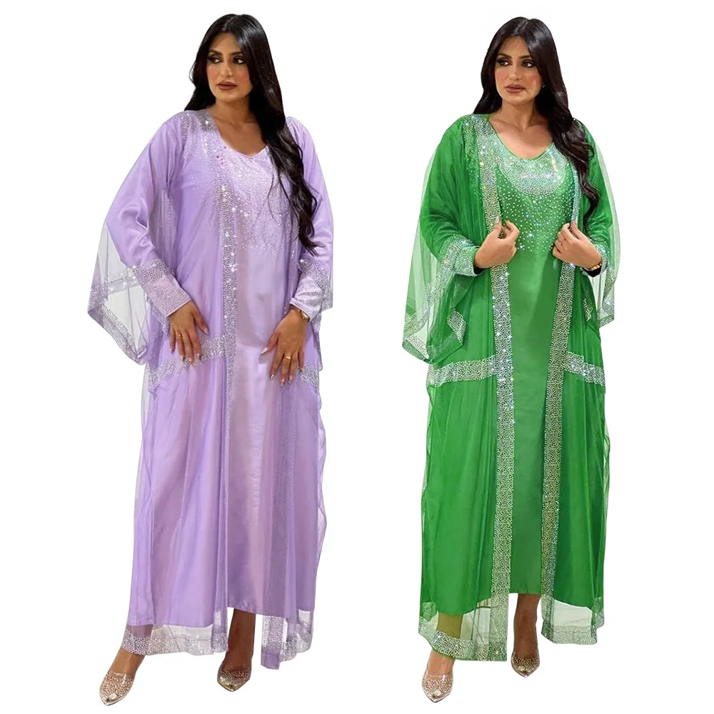 

Eid Jalabiya Dubai Arab Diamond Abaya Dress Set Dress Mesh Robe Women Elegant Muslin Long Robe Middle East Abaya Ramadan