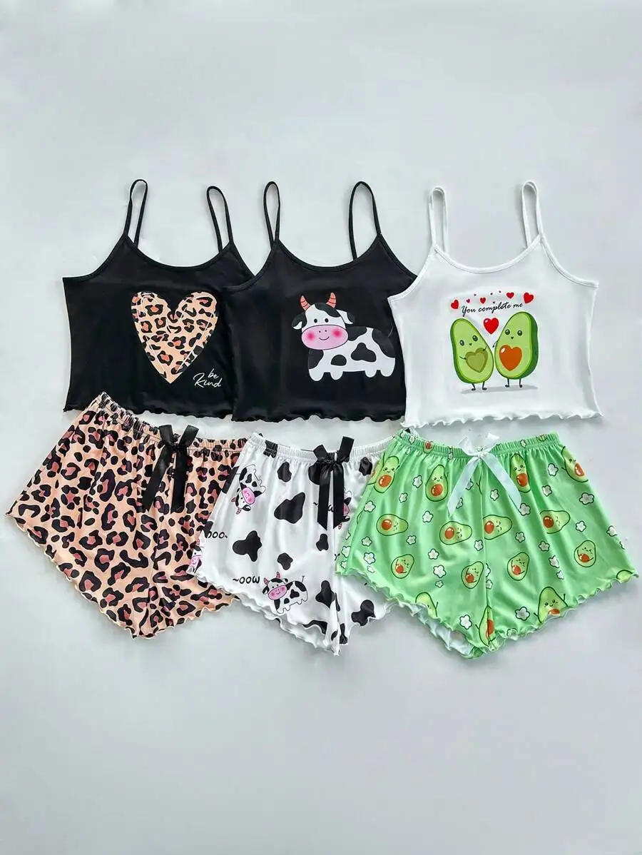 

3pcs Women Cartoon Print Lace Trim Camisole And Shorts Pajama Set