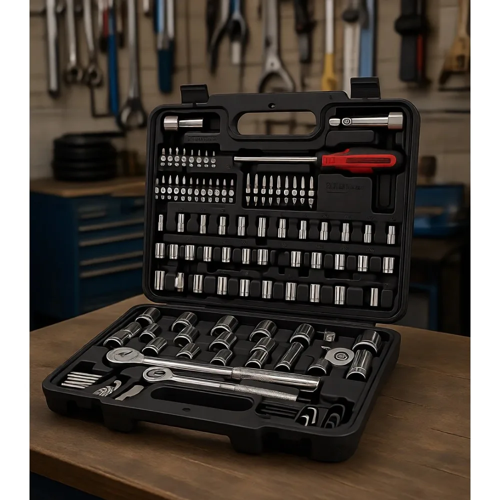 

Набор торцевых ключей из 120 предметов с трещотками 1/2 и 3/8 дюйма, глубокими метрическими и дюймовыми (SAE) битами для свечей зажигания, шестигранными ключами для авторемонта