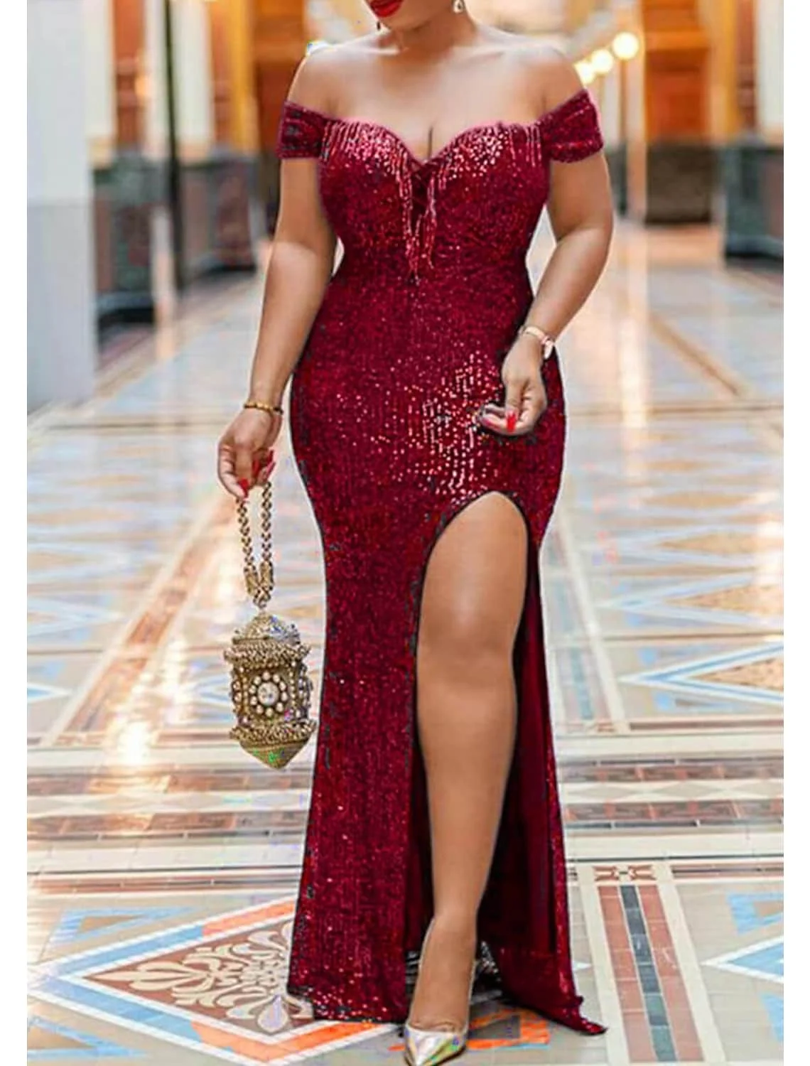 

Mermaid / Trumpet Evening Gown Plus Size Dress Mom Outfit Formal Short Sleeve Off Shoulder Sequined With Sequin Slit 2023