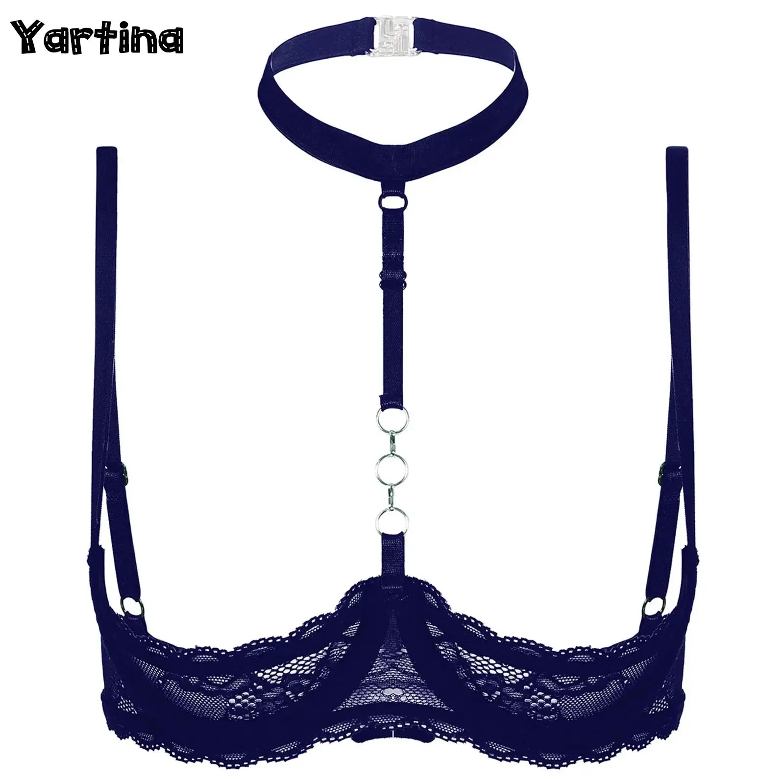 

Womens Lingerie Open Chest Bra Tops 1/4 Cups Underwire Bra Halter Neck O Ring Sheer Lace Push Up Open Breast Brassiere Underwear