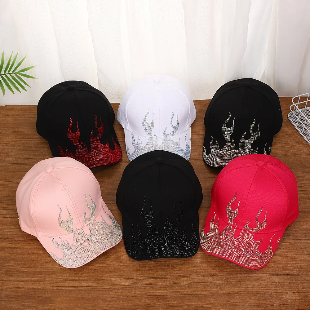 European American Rhinestone Flame Baseball Cap, Women Korean Style Bling Sun Hat