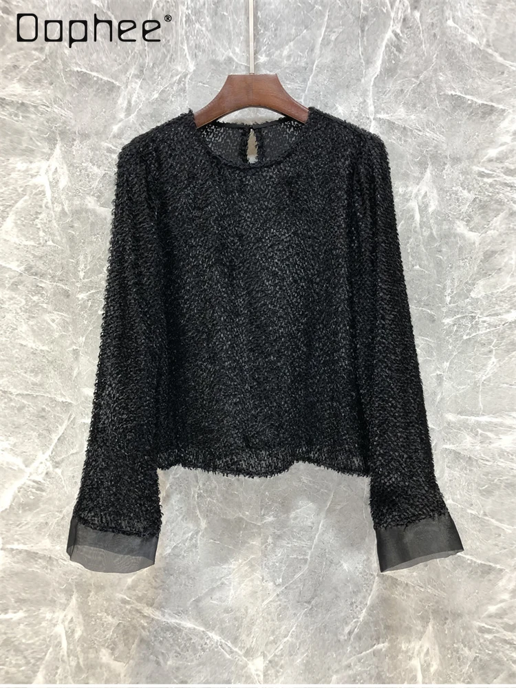French Temperament Celebrity White Shirt Women European Goods Spring New Fringed Round Neck Long Sleeve Loose Casual Shirt Top