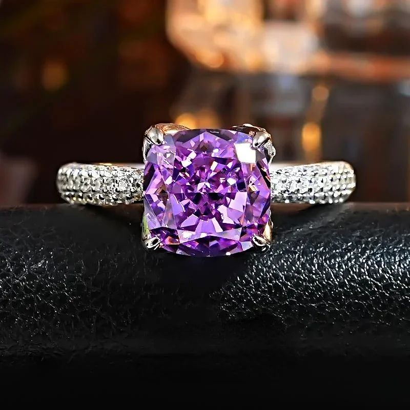 Thick colored purple diamond ring 925 silver gold-plated crushed ice cut high carbon diamond flower bud fat square female