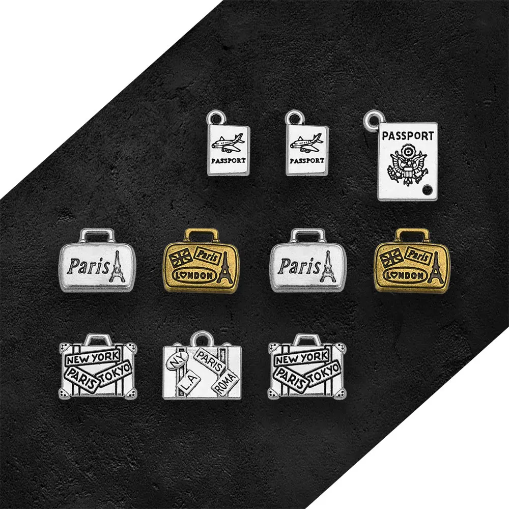 Antique Silver Plated Suitcase Passport Travel Charms Paris London NY LA Pendant For Diy Jewelry Making Findings Craft Wholesale