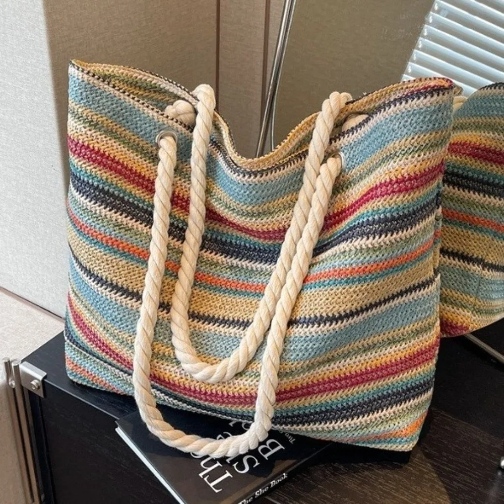 

New Large Capacity Straw Bag Striped Rainbow Woven Casual Handbag Portable Underarm Bag Seaside Vacation