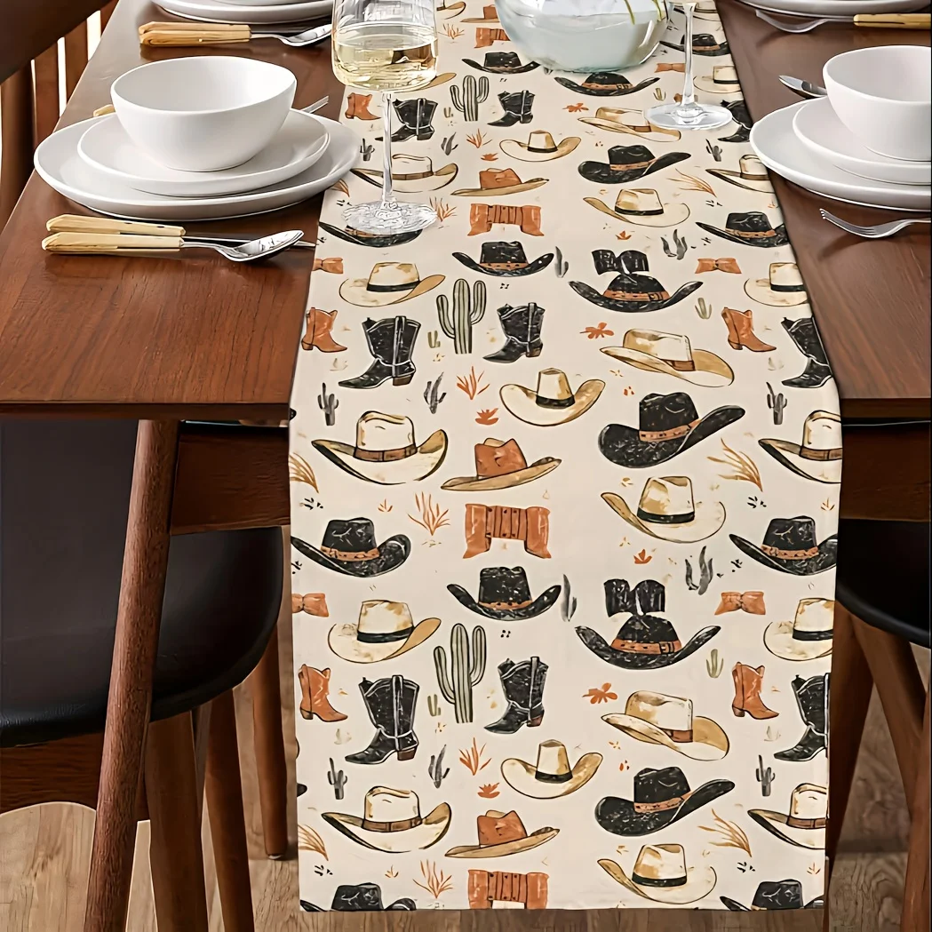 1pc Cowboy Hat and Cactus Tablecloth -Western Southern California Style, Polyester Fabric,for Dining Tables, Kitchens, Decor