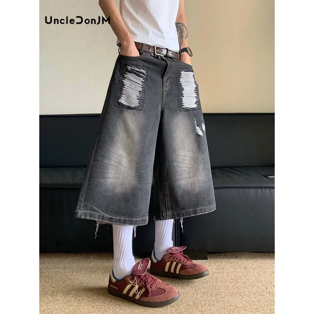 

Perforated Patches Jorts Calf-Length Pants Men's Spray Painted Distressed Washed Damaged Wide Leg Jeans