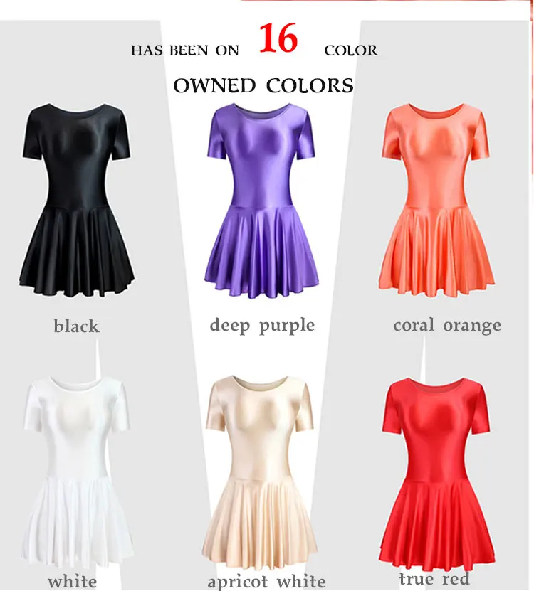 Collant sedoso brilhante, vestido de dança de balé, saia de prática, ginástica, esportes, yoga, manga curta, saia corporal